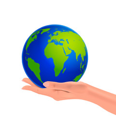 Globe of the planet Earth in a woman's hand, realistic hand holding the planet, nature protection concept, vector illustration