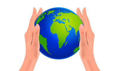 Globe of the planet Earth in women's hands, realistic hands holding the world, concept of nature protection, vector illustration