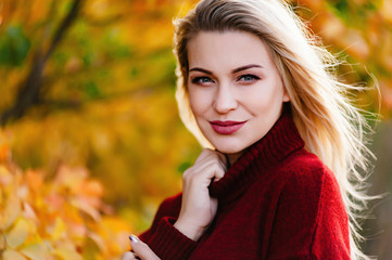 Fototapeta premium Beautiful pregnant girl blonde on nature in the yellow and red leaves of autumn