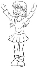 Vector cartoon girl. Character outlines girl smiling with hands up. Cartoon happy cheerful blond girl for coloring