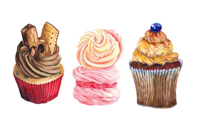 Watercolor Illustration. Can be used as romantic background for web pages, invitations, postcards, textile design, patterns, prints for kitchen, menu, restaurants. Cake, chocolate, berry.