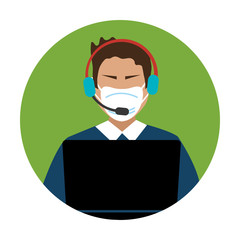 man agent call center with face mask vector illustration design