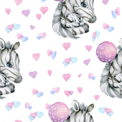 Seamless pattern Zebra baby and mother cartoon animal illustrations, hearts, brazil trendy design