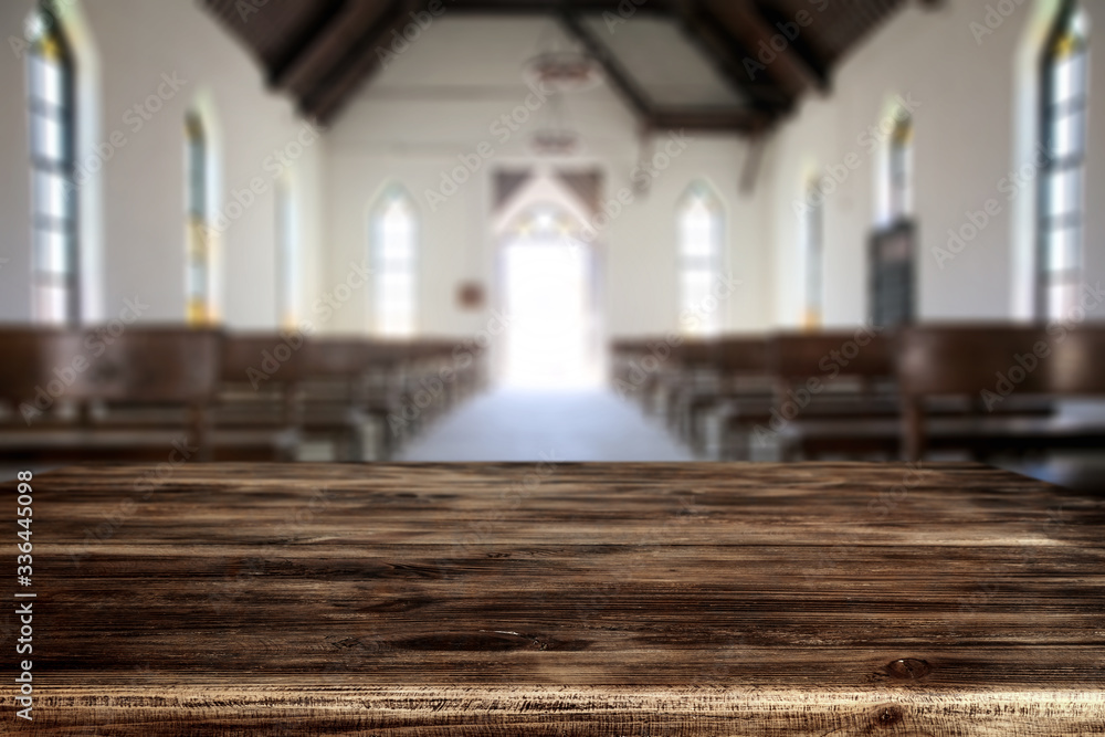 Wall mural table background of free space and blurred window space