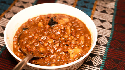 Homemade Indian chickpea curry, Channa masala closeup, traditional Kerala chickpea curry