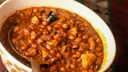 Homemade Indian chickpea curry, Channa masala closeup, traditional Kerala chickpea curry