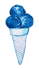 Classic blue ice cream. Waffle cone with three balls of ice cream. Watercolor illustration suitable for postcard, ice cream shop, element for summer cool in hot heat. Isolated on a white background.
