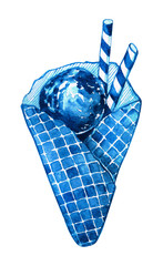 Classic blue ice cream. Waffle cone with one ice cream ball and two cookies sticks. Watercolor illustration suitable for postcard, ice cream shop, element for summer cool in hot heat. Isolated.