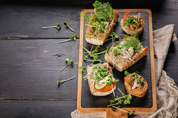 Bruschettas and canapes with turkey pate and microgreens on a dark rustic background. Traditional...