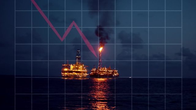 Concept of Oil price go down. Decrease oil crisis animation. Oil rig and platform on background. 