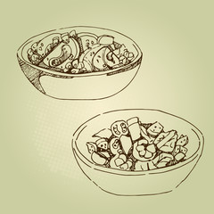 Vector hand drawn food sketch cold appetizers, cucumbers, tomatoes, fat, greens, spices.