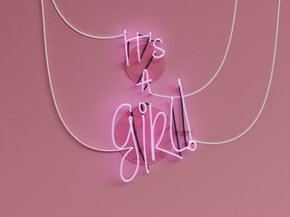 Its a Girl announcement neon sign over a pink background with all words On - 3d rendering concept