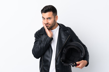 Man with a motorcycle helmet unhappy and frustrated