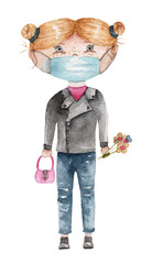 Girl in a protective mask during a pandemic, watercolor illustration
