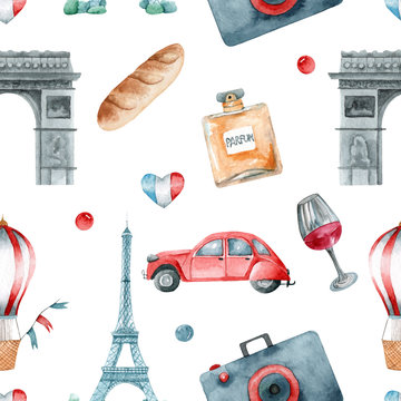 Pattern with the symbols of Paris painted in watercolor