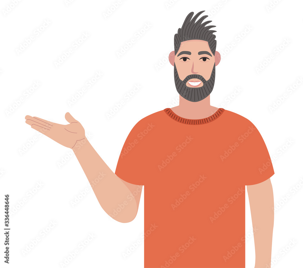 Poster bearded man pointing away and showing or presenting something while standing and smiling. hipster po