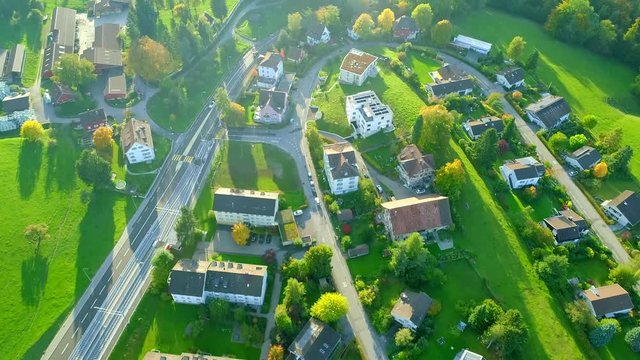 High angle shot of beautiful houses in small town in Switzerland
