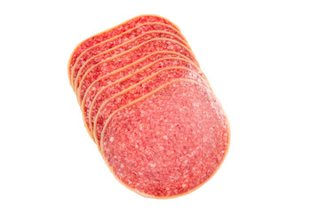 Salami slices isolated on white background.