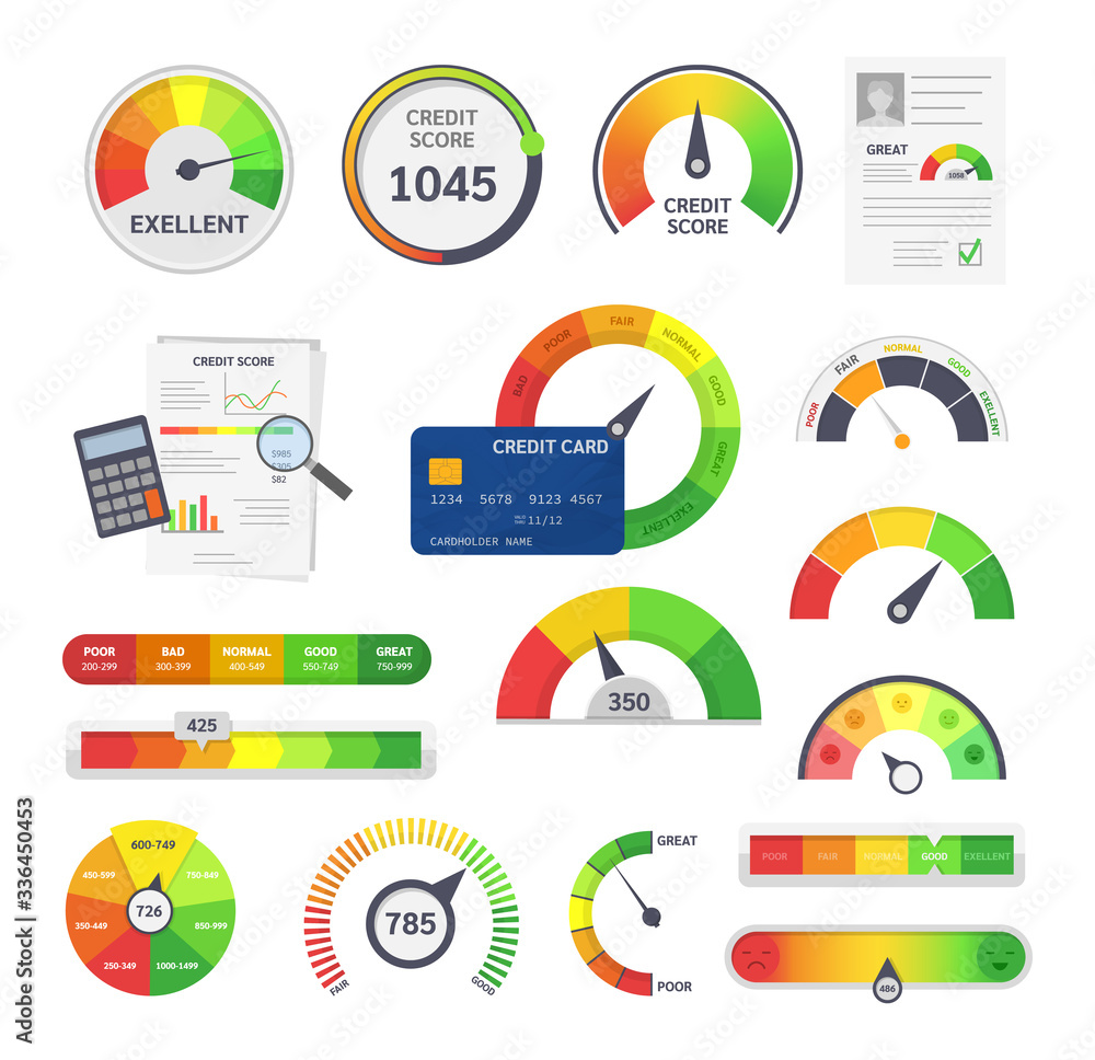 Wall mural credit score indicators. limit indicators with color levels from poor to good. gauges with measuring