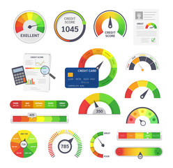 Credit score indicators. Limit indicators with color levels from poor to good. Gauges with measuring scale. Business credit score speedometers, rating credit meter, emotions vector illustration.