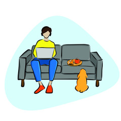 A man sitting in sofa  and work on  laptop  with cake and coffee at home, working from home,  dog is looking cake , Flat Vector  illustration