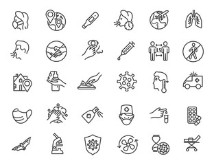 Set of linear coroavirus icons. COVID-19 icons in simple design. Vector illustration