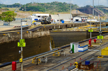 Detail view or close up of Miraflores lock and infrastructure at Panama Canal