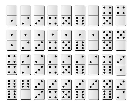 Dominoes or domino tiles white vector isolated realistic mockups with black spots number for game on white background