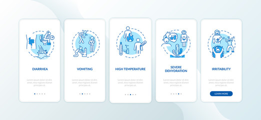 Rotavirus symptoms onboarding mobile app page screen with concepts. Diarrhea, vomiting and high temperature walkthrough 5 steps graphic instructions. UI vector template with RGB color illustrations