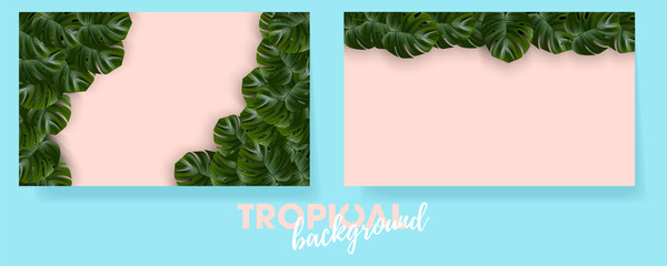 Tropical background. Flower and palm wallpaper. Vector jungle illustration. Exotic tropical jungle rainforest bright green monstera leaves border frame template on pink background.