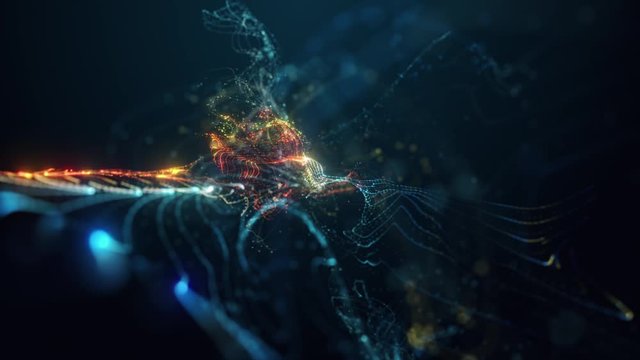 Abstract animation of digital data. Light impulses, elegant color backdrop of bokeh particles for modern technology or abstract art