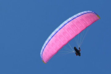 Paraglider flying wing in a blue sky