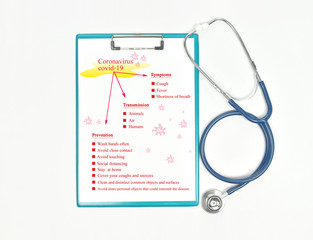 Medical equipment with Information about coronavirus Covid-19 symptoms, Transmission and prevention on workspace desk.