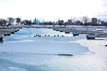 frozen Lake Michigan  with Chicago  skyline in winter