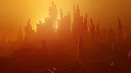 Futuristic architecture rendering. Science fiction cityscape in sunset colors. 3D rendering © CROCOTHERY