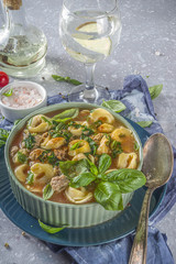 Quick autumn dessert idea. Autumn apple pie mugcake with red apples, cinnamon, spices, Rustic wooden background copy space