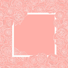 Creative frame with rose flowers. White outline on a pink background. Space for your text.