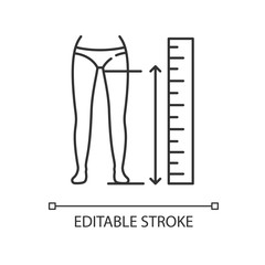 Inside leg length pixel perfect linear icon. Thin line customizable illustration. Human body measurements, tailoring contour symbol. Clothing size. Vector isolated outline drawing. Editable stroke