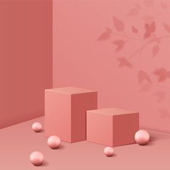 minimal scene with geometrical forms. cube podiums in pink background with shadow leaves and ball. Scene to show cosmetic product, Showcase, shopfront, display case. 3d vector illustration.