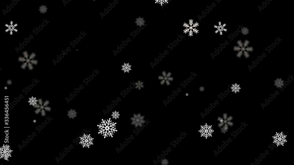Poster falling snow isolated on black background green screen loop animation. realistic snowflakes animatio