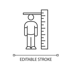 Height measurement pixel perfect linear icon. Thin line customizable illustration. Body size determination. Tailoring, body growth contour symbol. Vector isolated outline drawing. Editable stroke