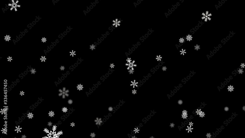 Poster falling snow isolated on black background green screen loop animation. realistic snowflakes animatio