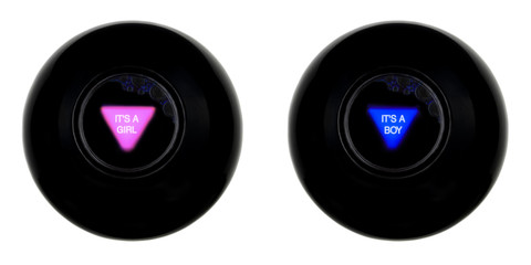 Set of two black magic eight balls with predictions pink IT'S A GIRL and blue IT'S A BOY isolated on white background