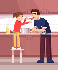 Fototapeta premium Father and daughter tasting meal together semi flat vector illustration. Food degustation, parent and child preparing dinner, cooking family members 2D cartoon characters for commercial use