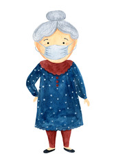 Senior citizen in protective mask during a pandemic. Grandmother on a white background in watercolor.
