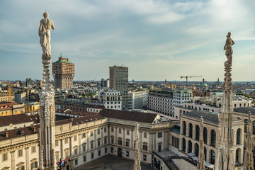 Fototapeta premium Milan, Italy - Aug 1, 2019: Aerial View from the roof of Milan Cathedral - Duomo di Milano, Lombardy, Italy