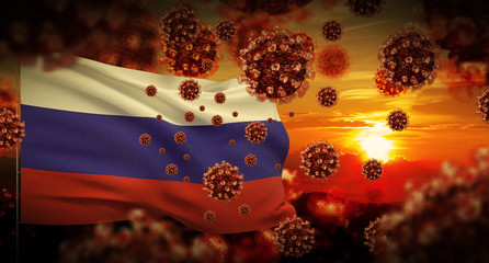 COVID-19 Coronavirus 2019-nCov virus outbreak lockdown concept concept with flag of Russia. 3D...