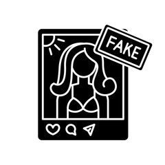 Fake influencer black glyph icon. Fraud blogger profile. Mislead with photo in account. Deception with social media page. Silhouette symbol on white space. Vector isolated illustration