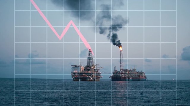 Concept of Oil price go down. Decrease oil crisis animation. Oil rig and platform on background. 