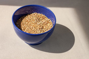 Green buckwheat in blue porcelain bowl, natural shadow.Dry unroasted whole grain superfood flat lay.Organic healthy food, weight loss, reduce inflammation,help manage diabetes,maintaining heart health